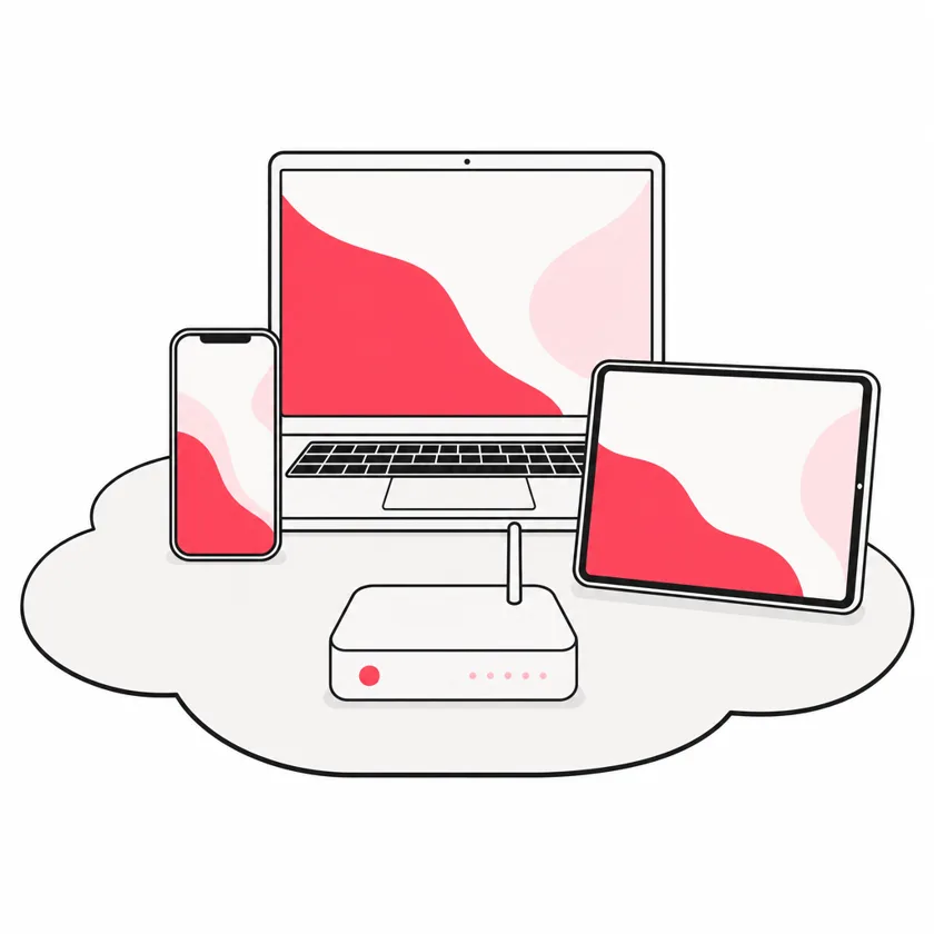 Illustration of a phone, tablet, laptop and router