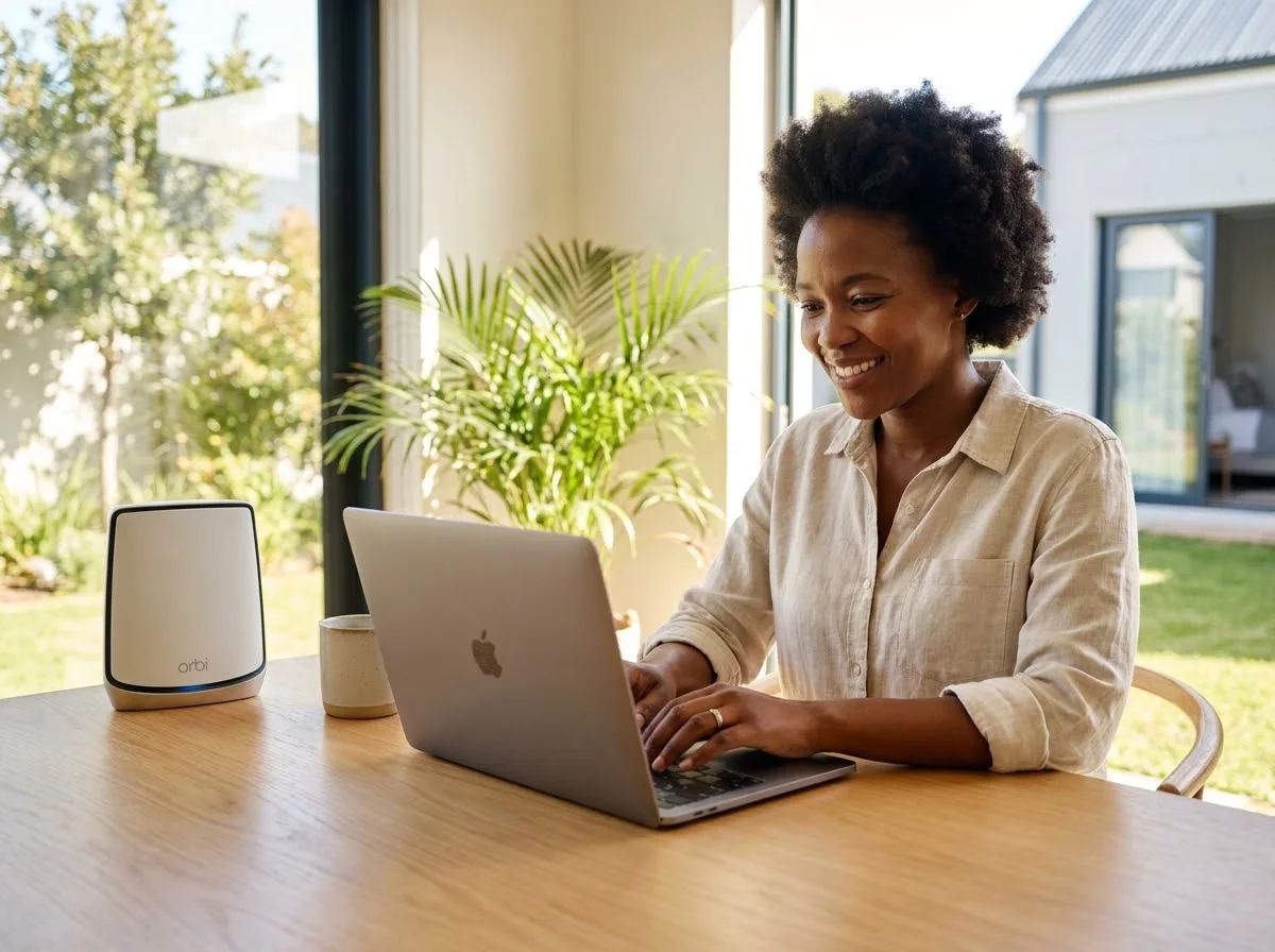 A Swazi professional working on a laptop at home beside a Wi-Fi router